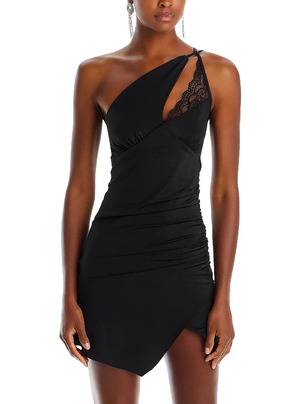 Juniors Womens Asymmetrical Lace Trim Cocktail And Party Dress Peplum Ruffle Cocktail
