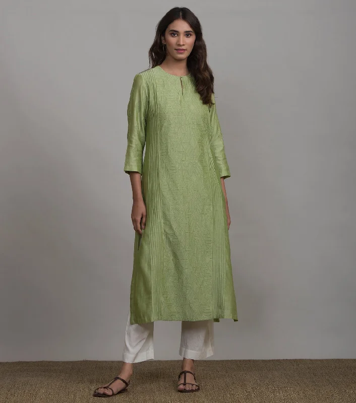Light Green Applique Cotton Silk Kurta & White Pants Set Stylish Elastic Waist Pants