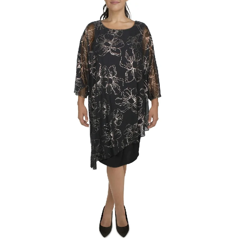 Plus Womens Chiffon Floral Cocktail and Party Dress Pencil Length Work