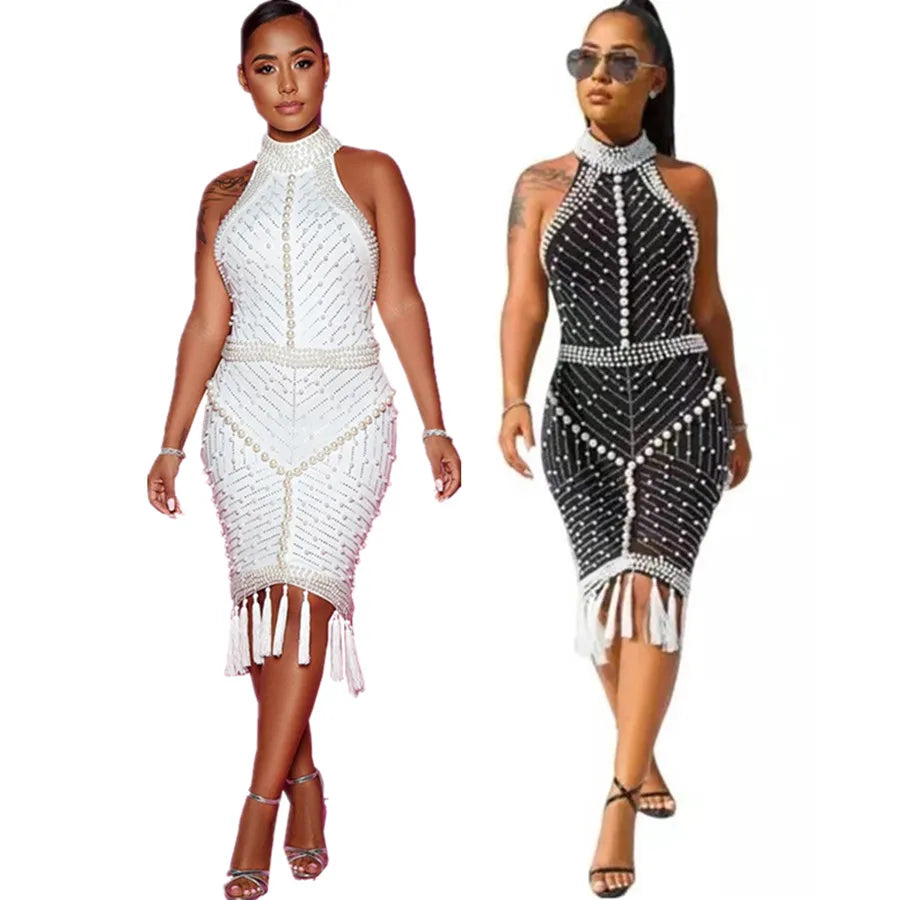 2022 White Black Tassel Beaded Sexy Sleeveless Cocktail Party Dresses For Women Summer Fashion Backless Dinner Club Midi Dress Square Neckline Feminine 2022 White Black Tassel Beaded Sexy Sleeveless Cocktail Party Dresses For Women Summer Fashion Backless Dinner Club Midi Dress Square Neckline Feminine