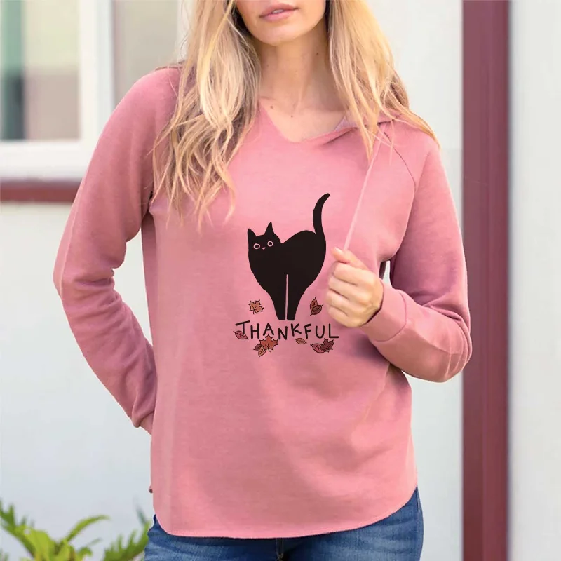 Thankful Black Cat - Bella - Cali Wave Hooded Sweatshirt Hoodie with Hem Lace Feminine Delicate Thankful Black Cat - Bella - Cali Wave Hooded Sweatshirt Hoodie with Hem Lace Feminine Delicate