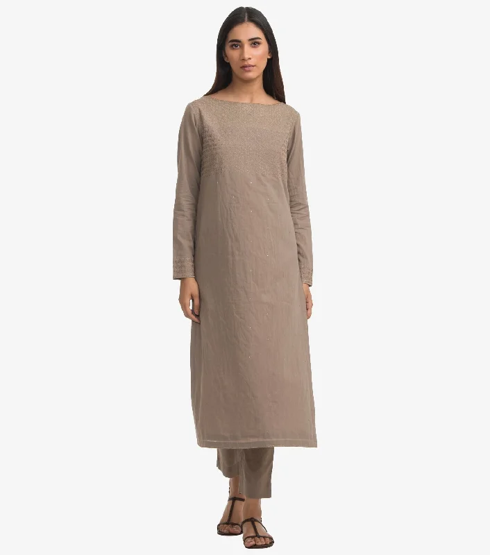 Beige cambric embroidered kurta & pants set Cozy Fitted Pants