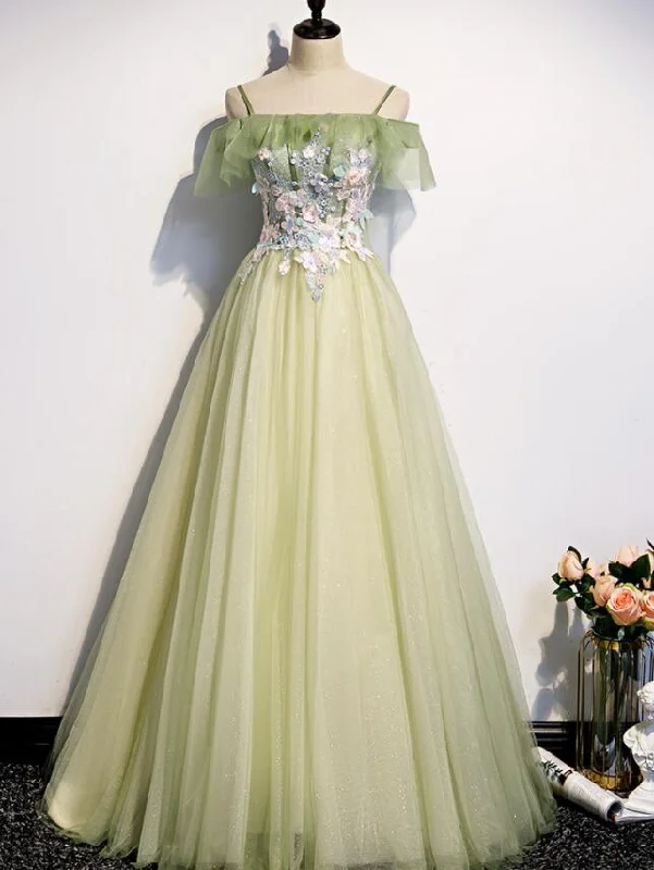 Lovely Flowers Off Shoulder Tulle Long Party Dress, A-line Tulle Light Green Prom Dress Tunics Office stylish Lovely Flowers Off Shoulder Tulle Long Party Dress, A-line Tulle Light Green Prom Dress Tunics Office stylish