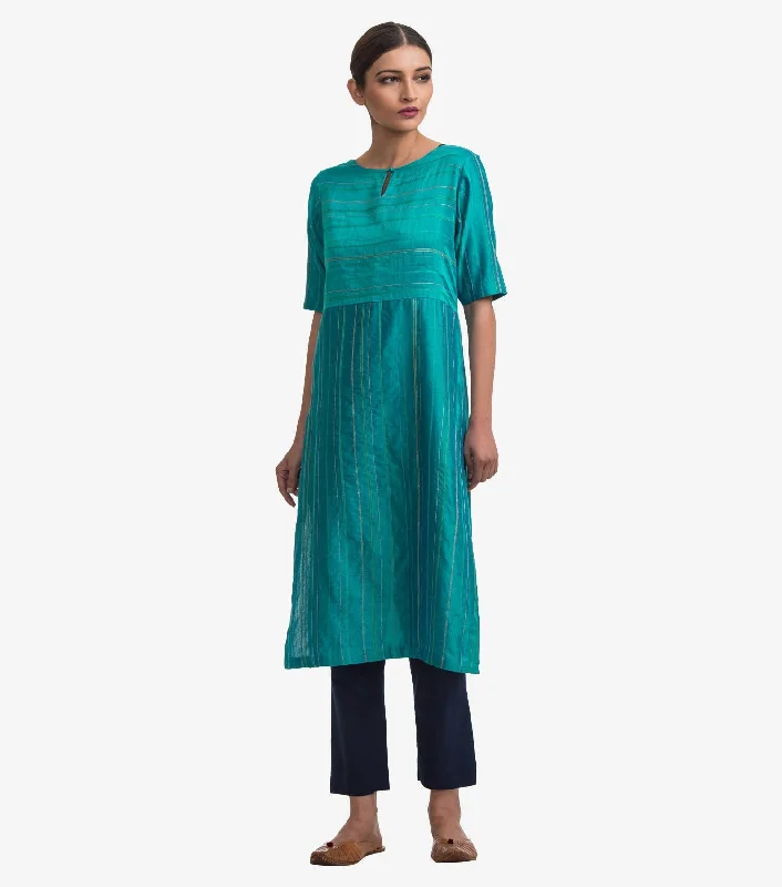 Blue Embroidered Chanderi Kurta & Cotton Pants Set Classic Stretch Pants
