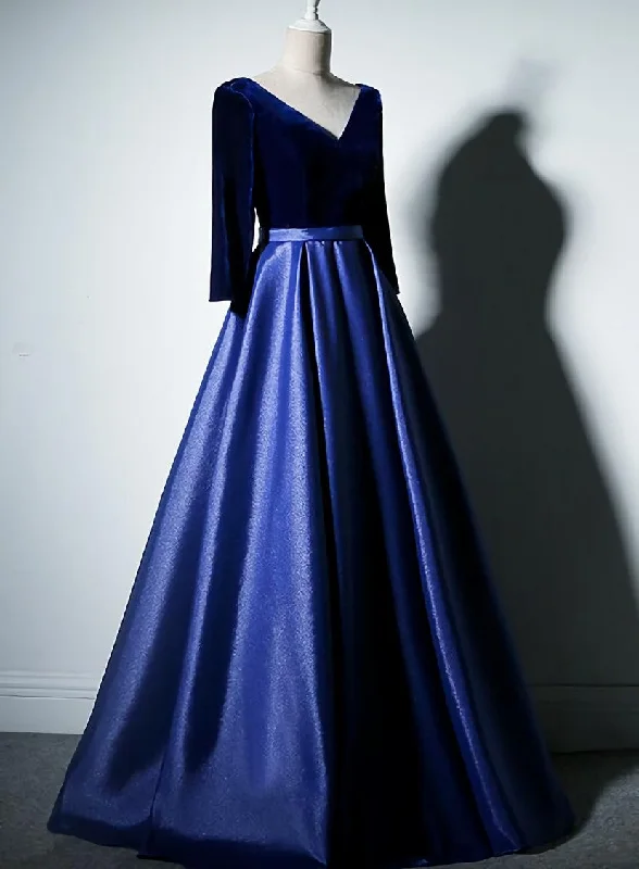 Pretty Royal Blue Long Sleeves Satin with Velvet Party Dress, A-line Long Prom Dress Tunics Chinos classic Pretty Royal Blue Long Sleeves Satin with Velvet Party Dress, A-line Long Prom Dress Tunics Chinos classic