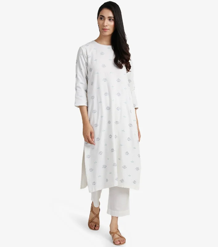 Ivory Embroidered Viscose Linen Kurta & Pants set Lightweight Linen Pants