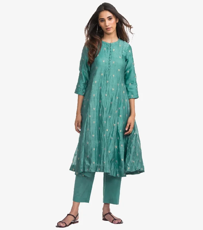 Green silk chanderi crinckled kurta & palazzo pants set Trendy Tapered Pants