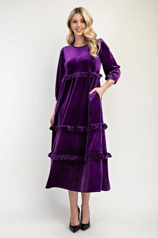 Amanda Velvet Ruffle Dress- Purple Tunics stripes playful