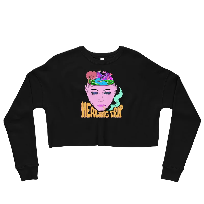 Healing Trip Graphic Crop Sweatshirt Hoodie with Ribbed Neckline Snug Warm