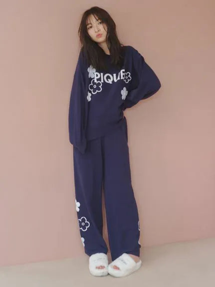 Airy Moco Flower Jacquard Lounge Pants Elegant Trouser Pants