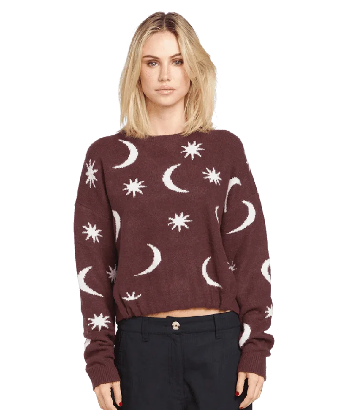 VOLCOM Women's Nyte Stone Sweater Espresso Graphic Sweater Embroidered Appliqued