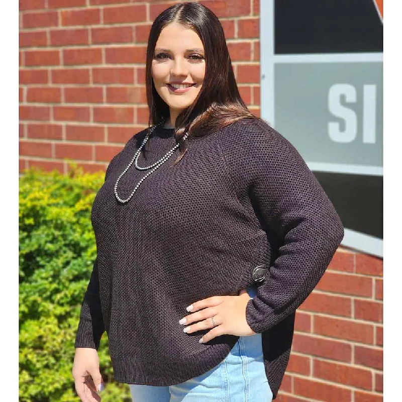 Women's Black Buffalo Concho Sweater Welt Pockets Slit Pockets Flap Pockets