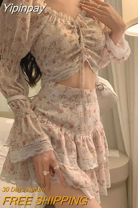 Yipinpay Summer Sweet 2 Piece Dress Set Woman Korean Fashion Suit Beach Floral Y2k Mini Skirt + Casual Lace Crop Tops Elegant Chic Elasticated Padded Insulated Yipinpay Summer Sweet 2 Piece Dress Set Woman Korean Fashion Suit Beach Floral Y2k Mini Skirt + Casual Lace Crop Tops Elegant Chic Elasticated Padded Insulated