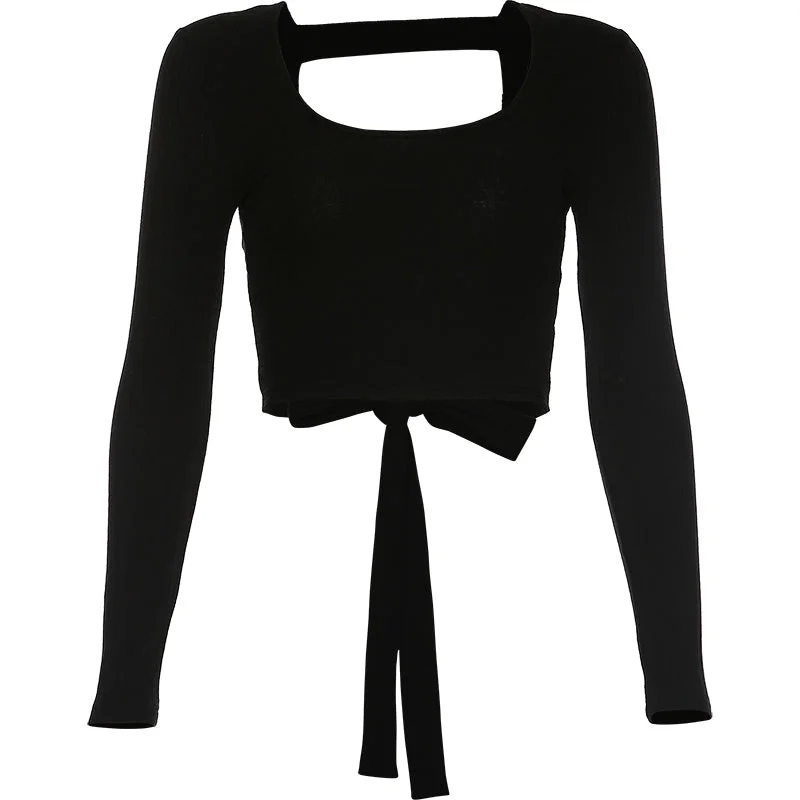 Long Sleeved Tie-Back Crop Top Graphic Embroidered Appliqued