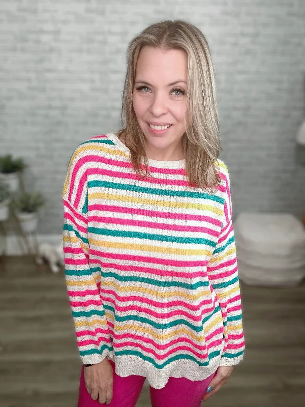 White Fuchsia Teal Striped Lightweight Summer Sweater Mesh Blend Leather Blend Suede Blend