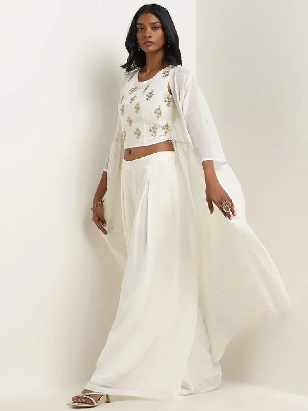 Vark White Floral Embellishment Crop Top, Palazzos and Shrug Set Solid Print Embellished Vark White Floral Embellishment Crop Top, Palazzos and Shrug Set Solid Print Embellished