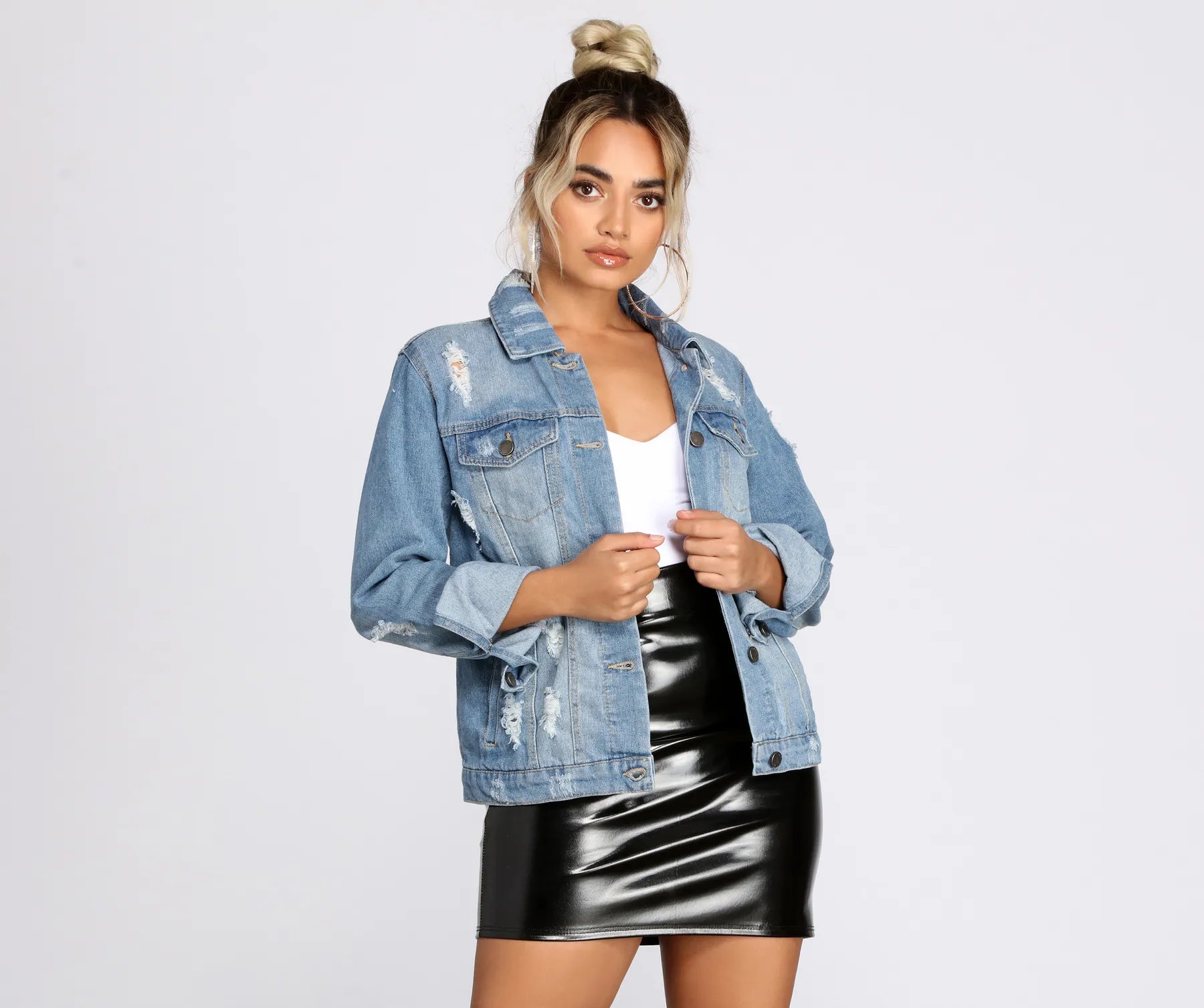 Keepin' It Casual Denim Jacket One-Shoulder Jacket Off-the-Shoulder Jacket Asymmetrical Jacket