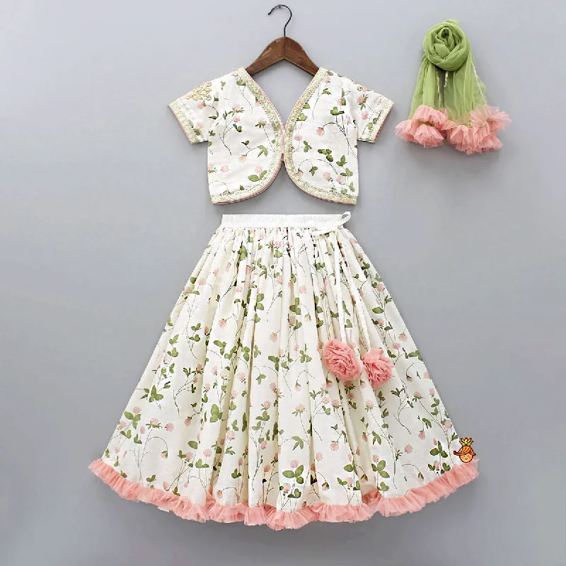 Floral Printed Crop Top With Lehenga And Net Dupatta Real Fur Shearling Chenille