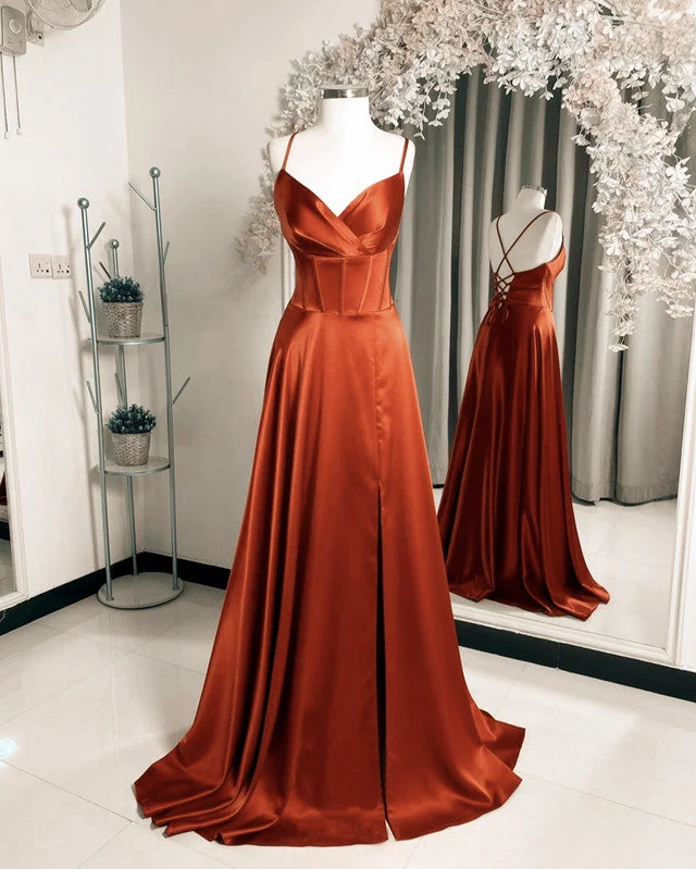 Long A-line V Neck Split Satin Corset Back Dress