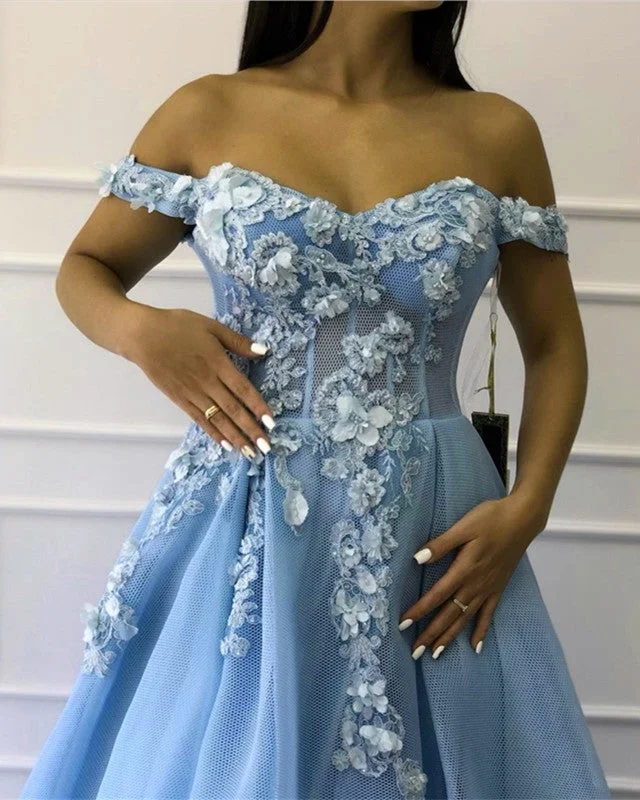Light Blue Tulle Corset Prom Dresses With Flowers